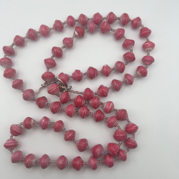 Bead for Life Pink Paper Beads with seed pearl rhinestones Necklace - Picture 5 of 11